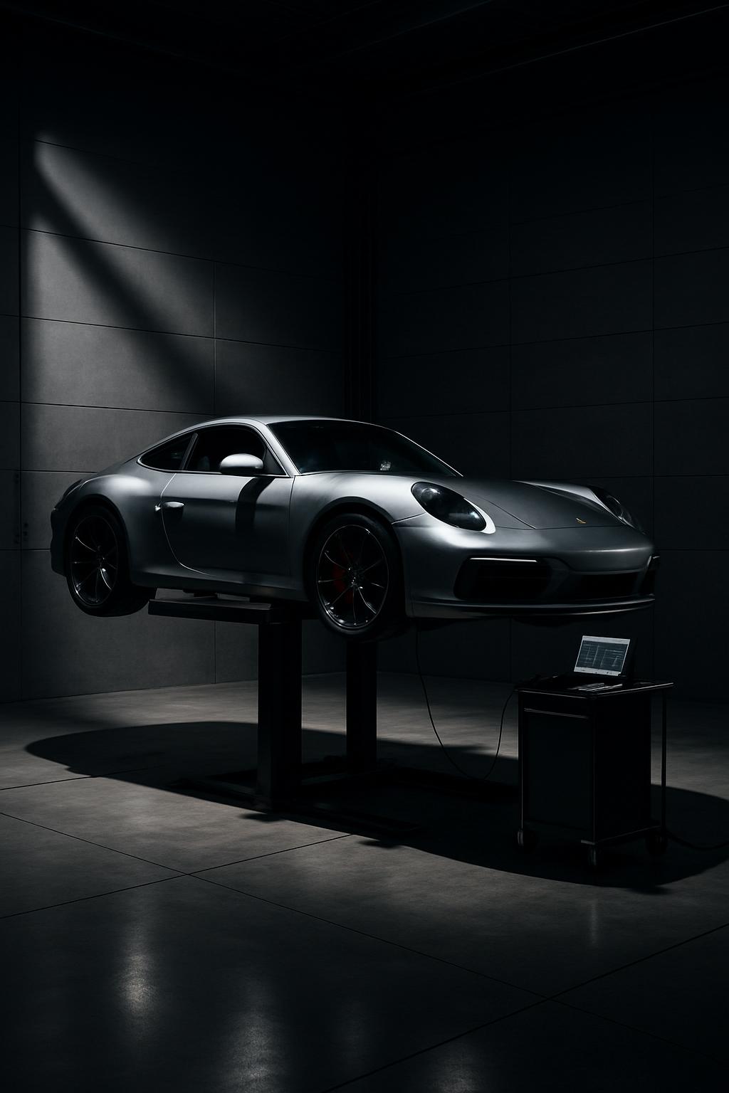 A sports car in a dimly lit room illuminated by a spotlight as seen in an artistic high-AI image.